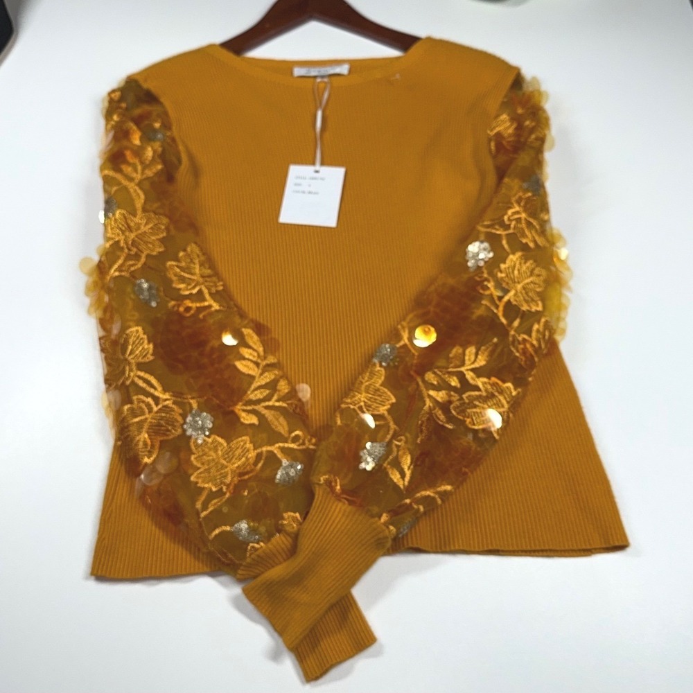 Sioni Milano S Orange Brass Fall Leaves Sequin Sleeve Ribbed Knit Top - Small - Picture 8 of 11